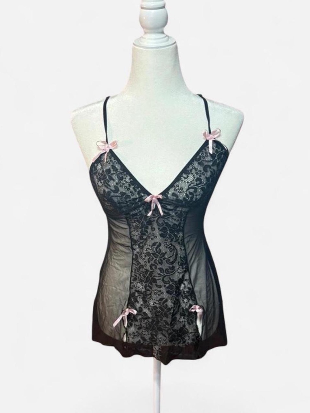 Black Lace & Mesh Chemise with Pink Bow Accents
